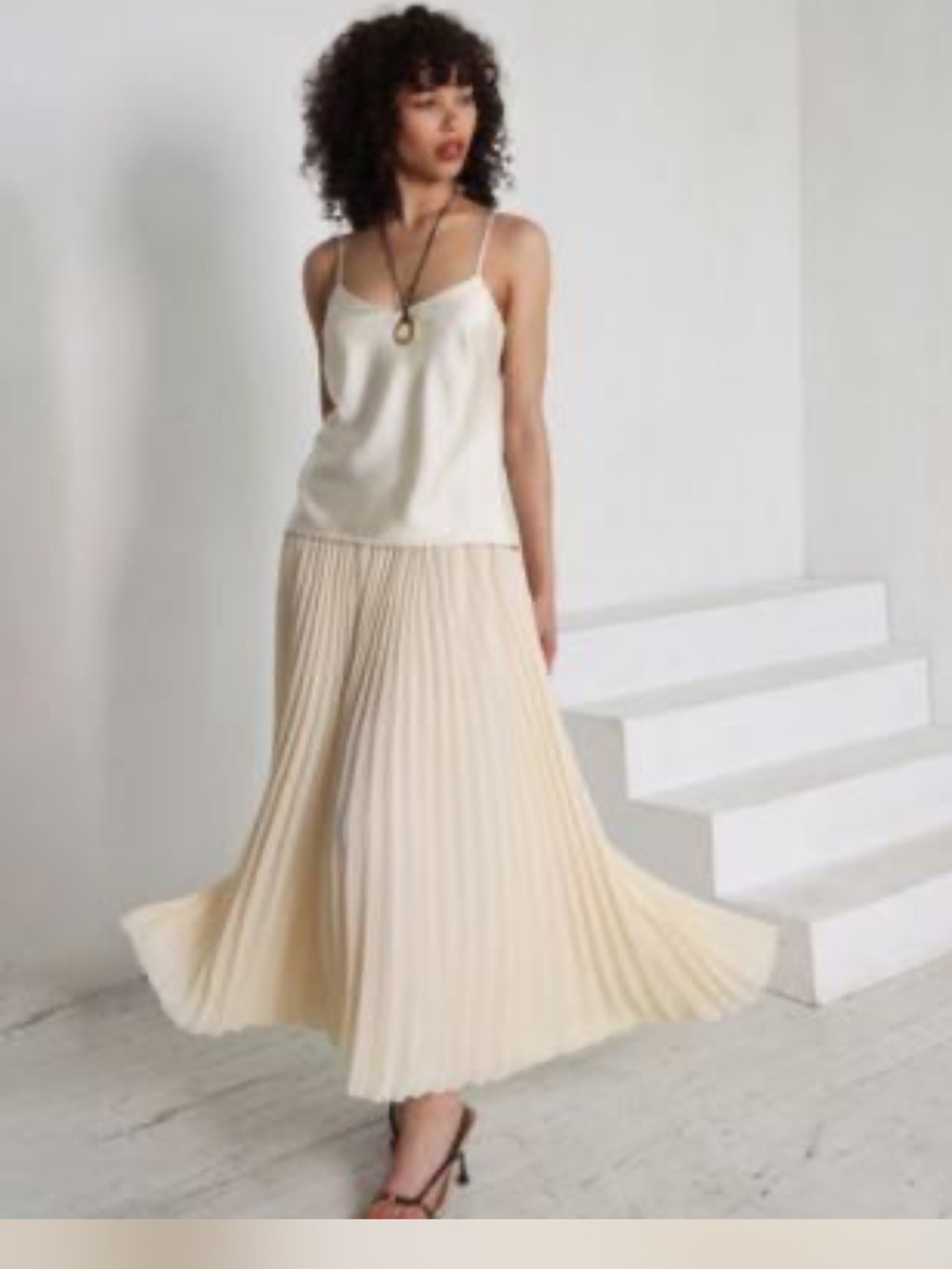 Avec Les Filles Cream Pleated Maxi dress with Matching Camisole one piece